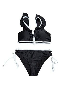 NWOT | Black & White Contrast Ruffle Trim V-Neck Bikini Set Side Tie Bottoms | M